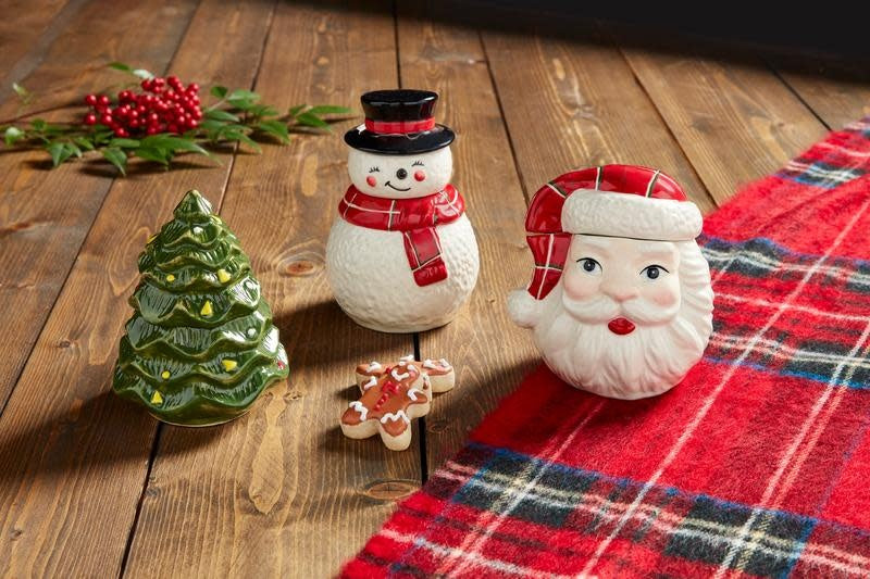 Hand-painted red figural stoneware Christmas candy jar with lid
