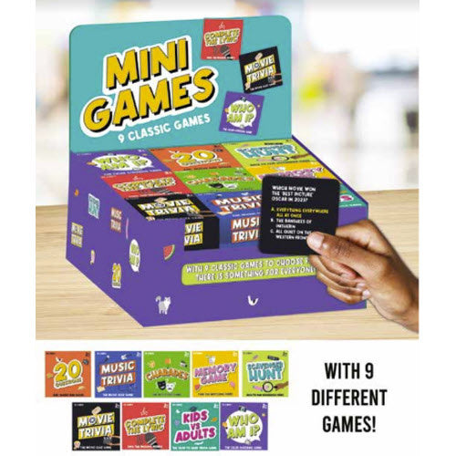 Mini counter-top trivia game box with colorful question-and-answer card illustrations on the front.