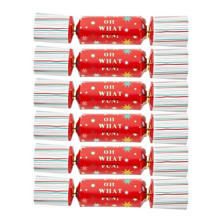 Six red mini Christmas crackers with star patterns and Oh What Fun text, featuring striped ends.