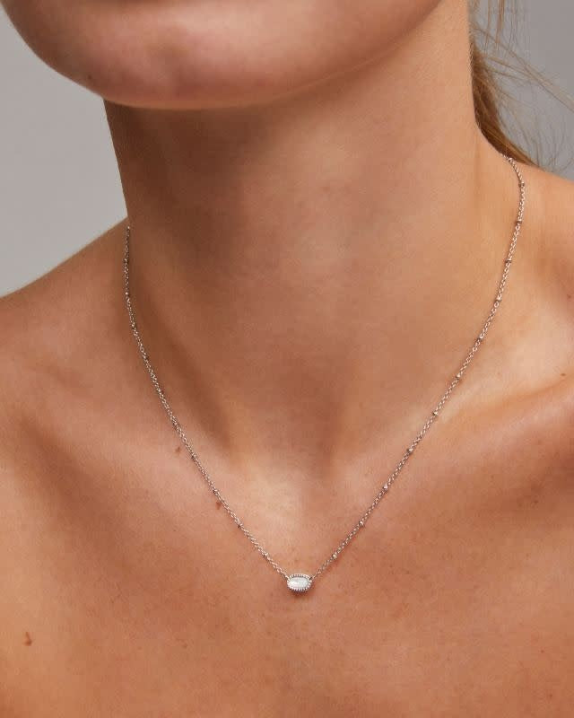 Silver rhodium pendant necklace with a small satellite-shaped charm on an adjustable chain.