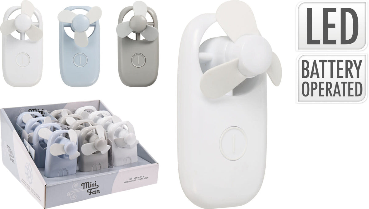 Handheld mini fan powered by batteries with a compact rectangular shape.
