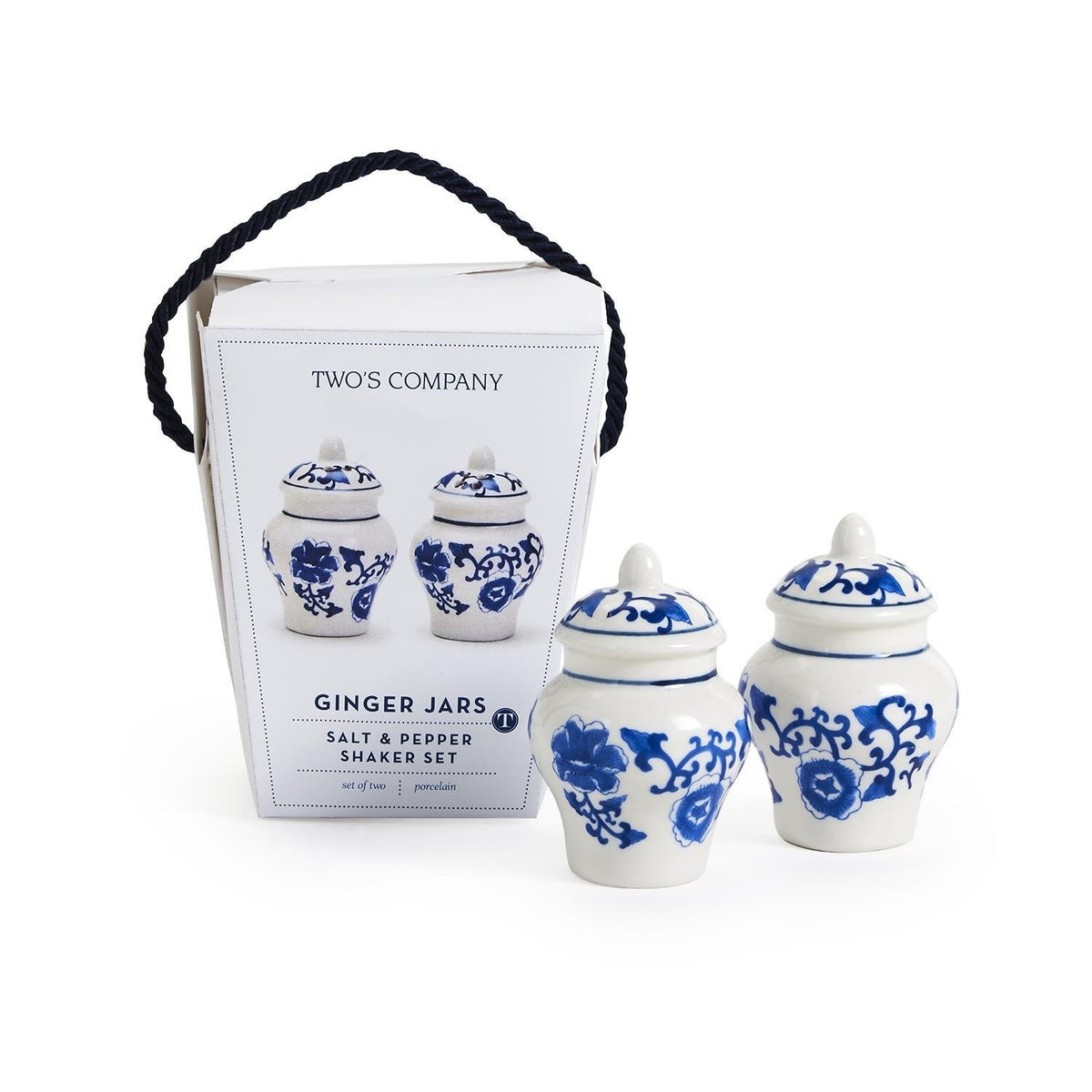 Ceramic salt and pepper shakers shaped as ginger jars with a blue bamboo and rose floral pattern.