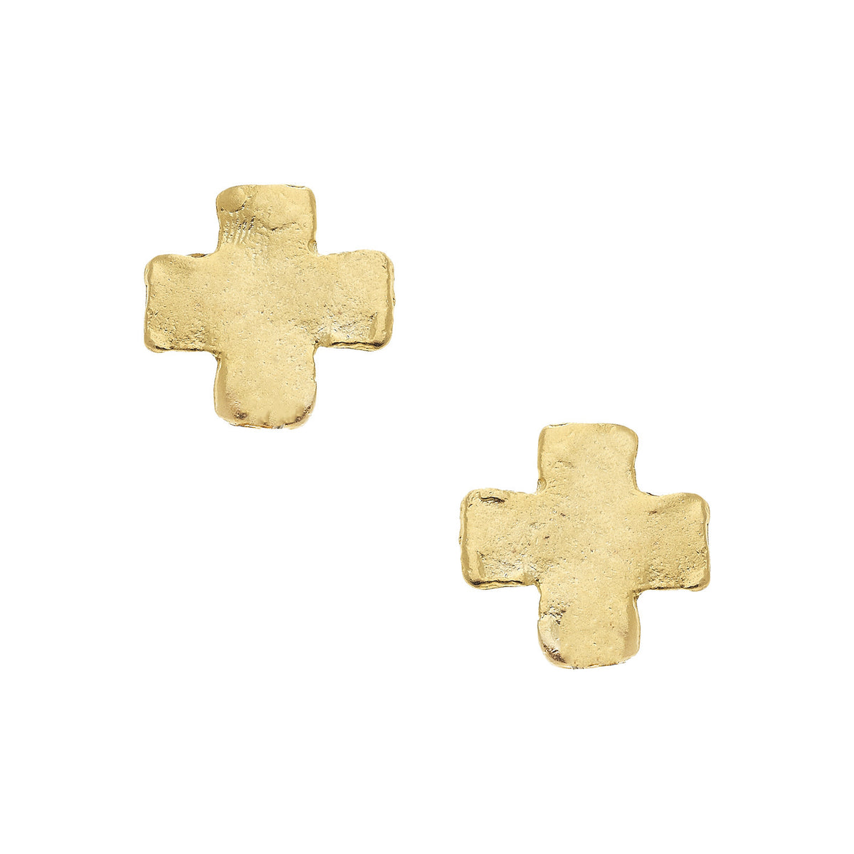 Mini gold square cross stud earrings featuring a small geometric cross shape with polished metal finish.