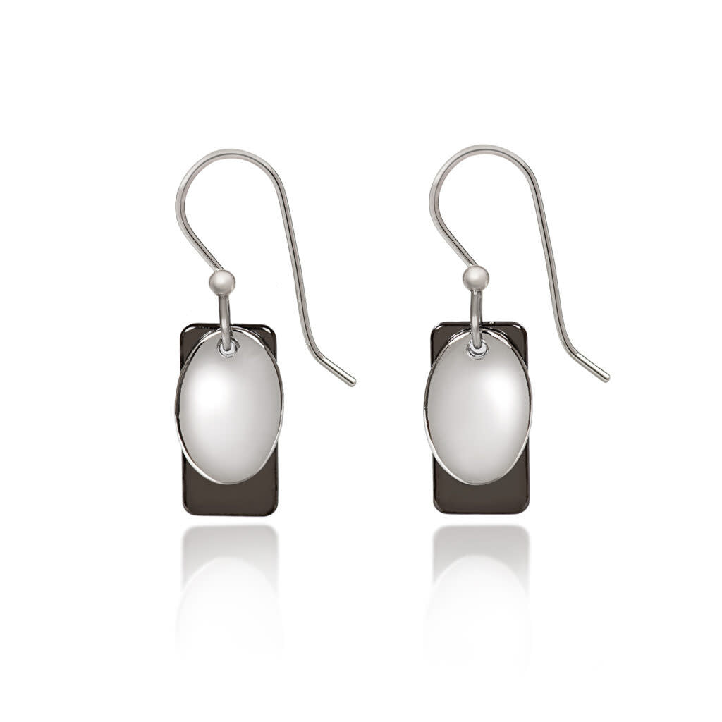 Mini layered drop earrings with a hammered silver-tone finish featuring rectangular and oval shapes.