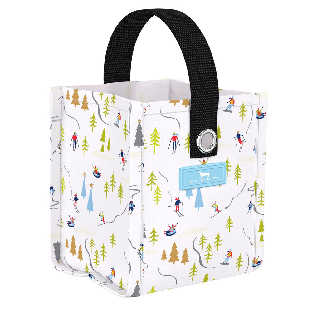 Mini reusable gift bag in woven fabric with a lift ticket handle detail.