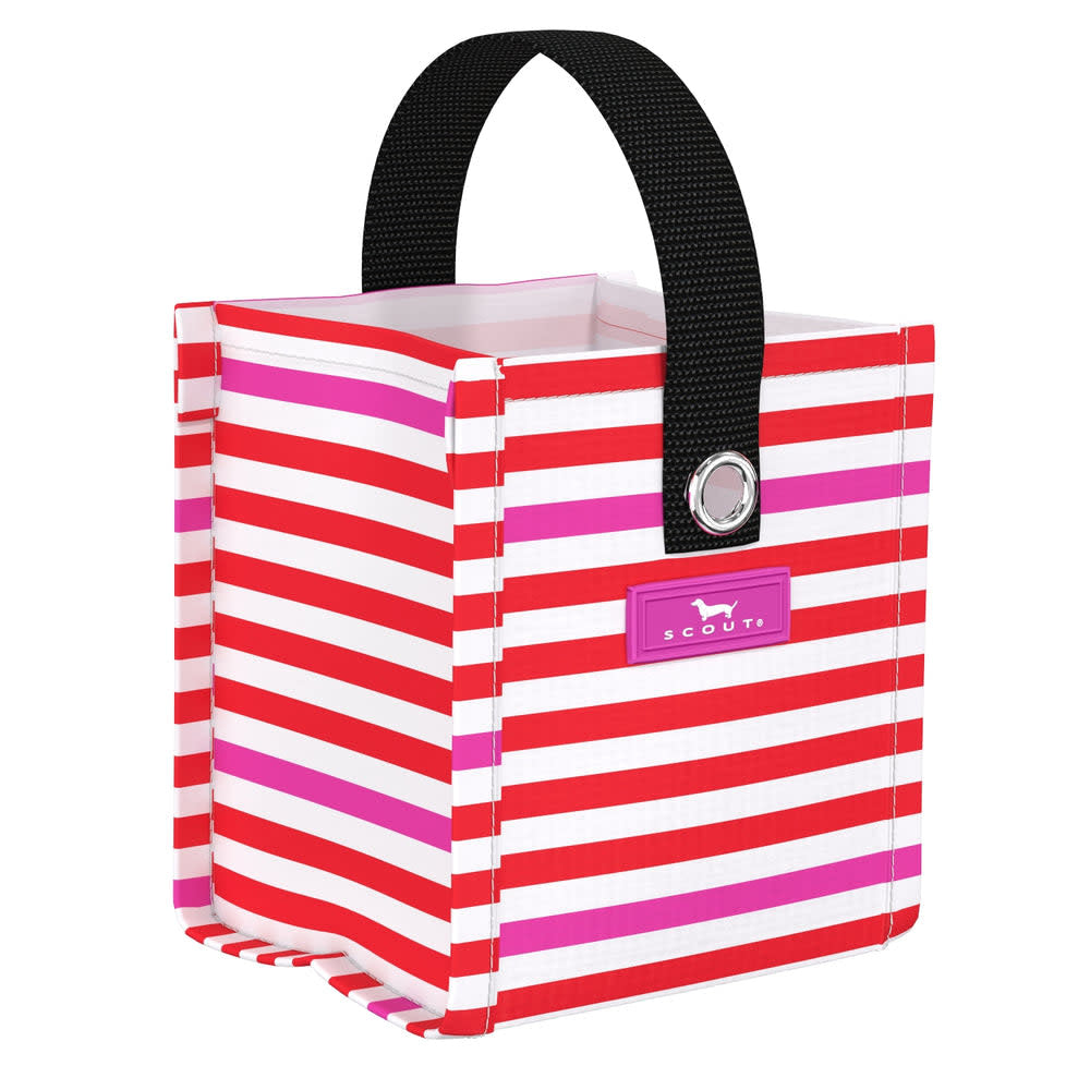 Mini reusable gift bag with grommets in a festive patterned woven fabric.