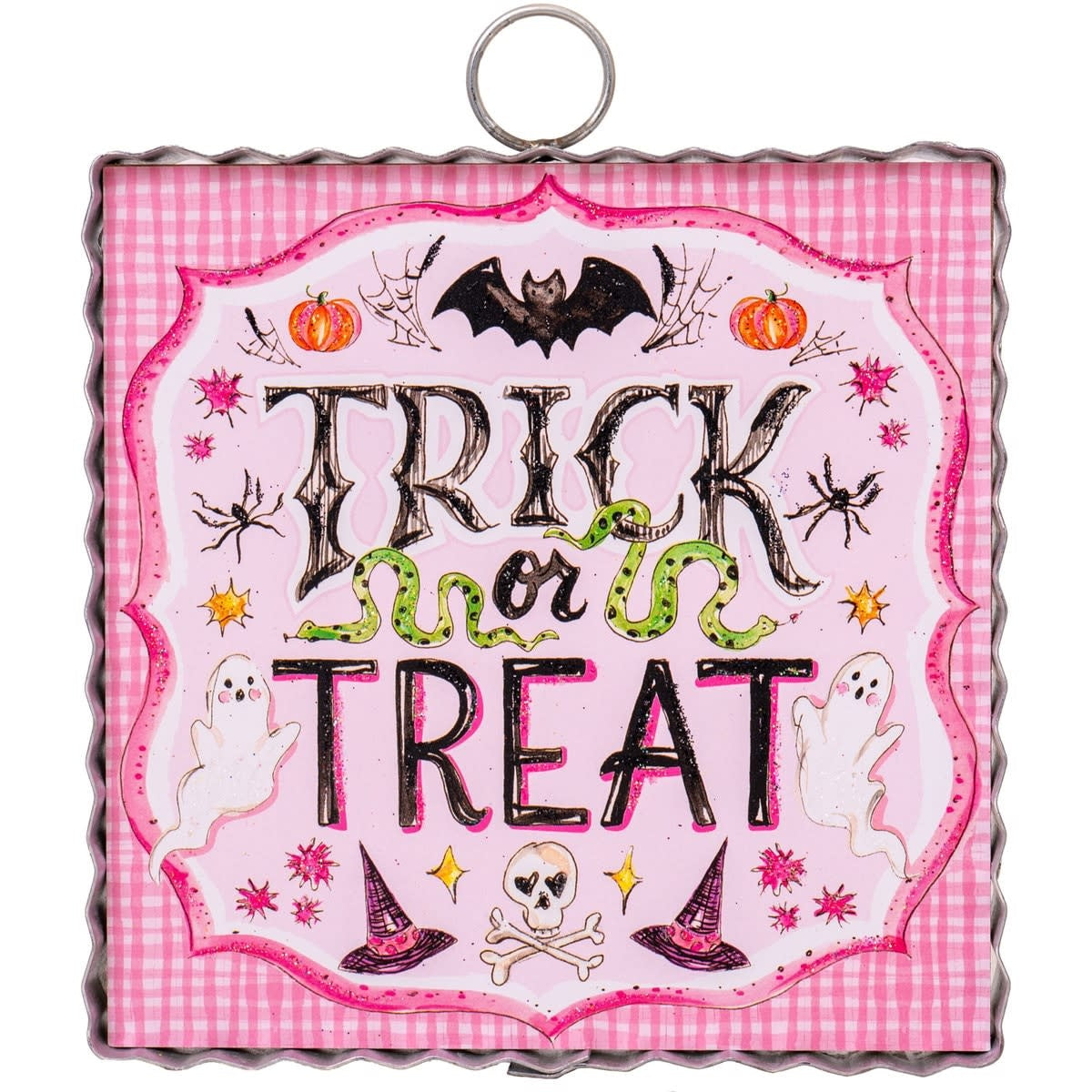 Mini pink Halloween print featuring a trick-or-treat silhouette on white paper.