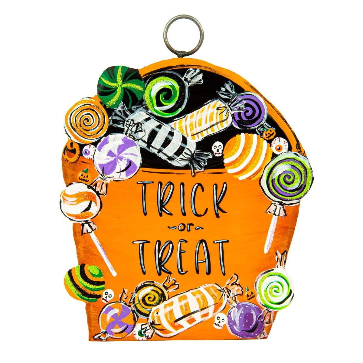 Mini Trick or Treat Bag Charm: a small hanging Halloween decoration with festive dimensions.