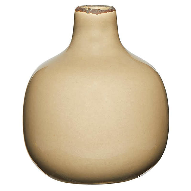Brown ceramic mini vase with a simple cylindrical shape.