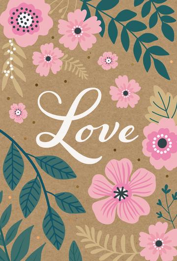A kraft paper greeting card with the word "Love" in white script surrounded by pink and teal floral illustrations.