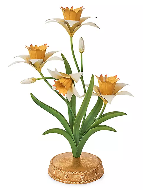Yellow metal candelabra centerpiece with daffodil motif