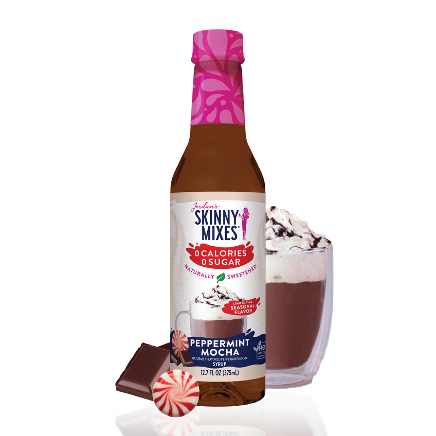 Bottle of naturally sweetened cinnamon dolce syrup with a clear liquid inside.