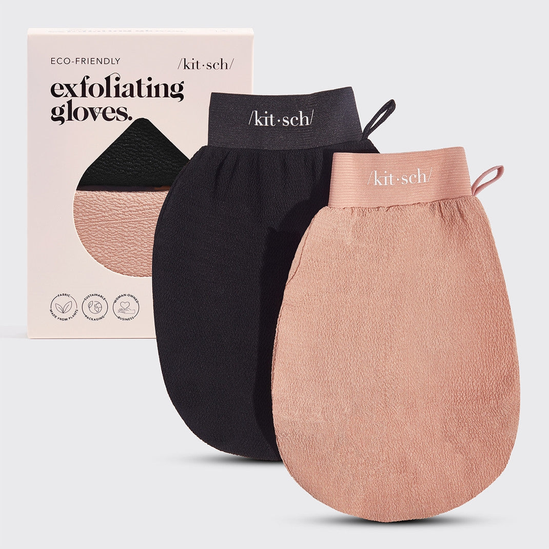 Black exfoliating glove with terracotta palm panel