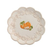 Round white Harvest Platter with scalloped edges and a central pumpkin and gourd illustration.