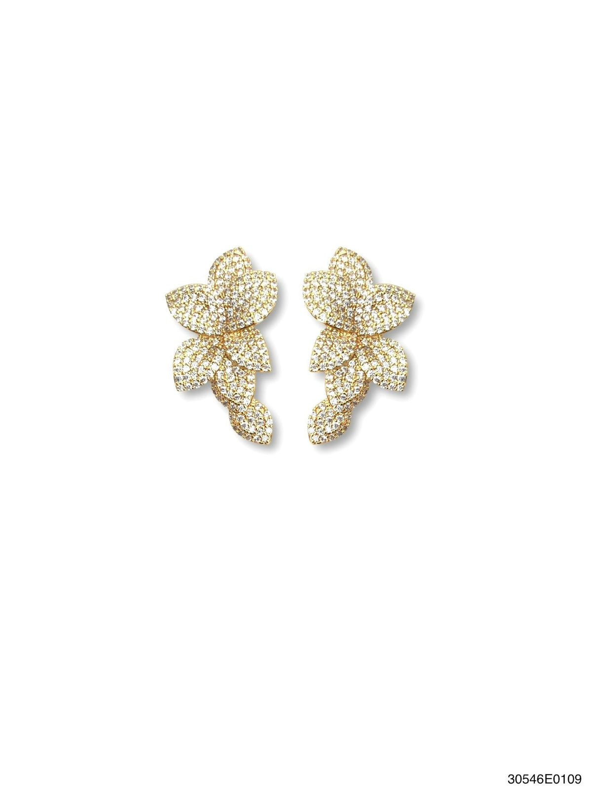 Gold-plated medium plumeria statement earrings with micro pavé clear cubic zirconia petals on a pierced post.