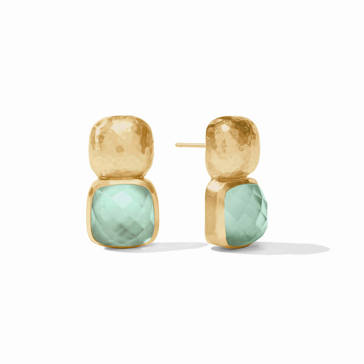 Catalina Earrings featuring faceted light green glass cushions and hammered 24K gold-plated squares.