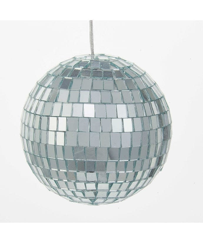 Set of four large glass disco ball ornaments with mirrored facets hanging from silver strings.