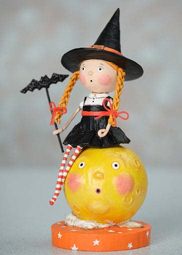 Poly resin figurine of a whimsical moon character with playful pose.