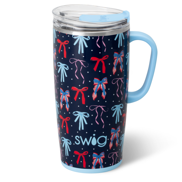 Marine navy Miss Independence travel mug with preppy patriotic bows on a double-walled stainless steel body.