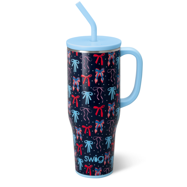 Navy blue insulated mug with preppy patriotic bows on lid