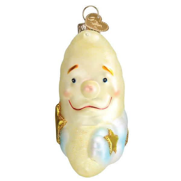 Mister Moon ornament: a smiling white moon figure with black eyes on a dark background.