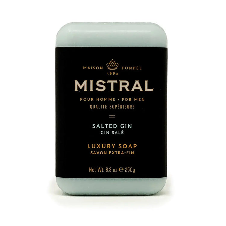 Triple-milled bar soap in a rectangular shape with salted gin botanical scent.