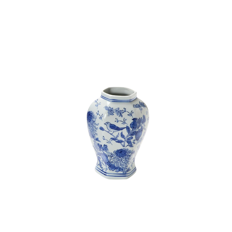Hexagonal hand-painted blue and white porcelain vase with chrysanthemum and bird motifs.