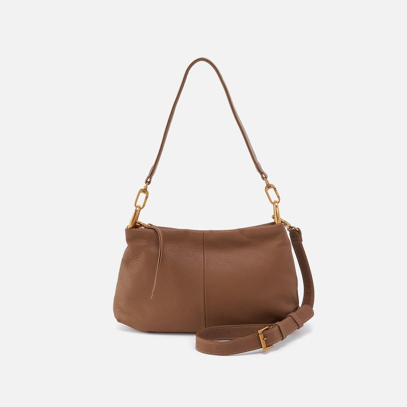 Timber brown leather shoulder bag with removable straps, brass hardware, slip pockets, and a signature phone pocket.