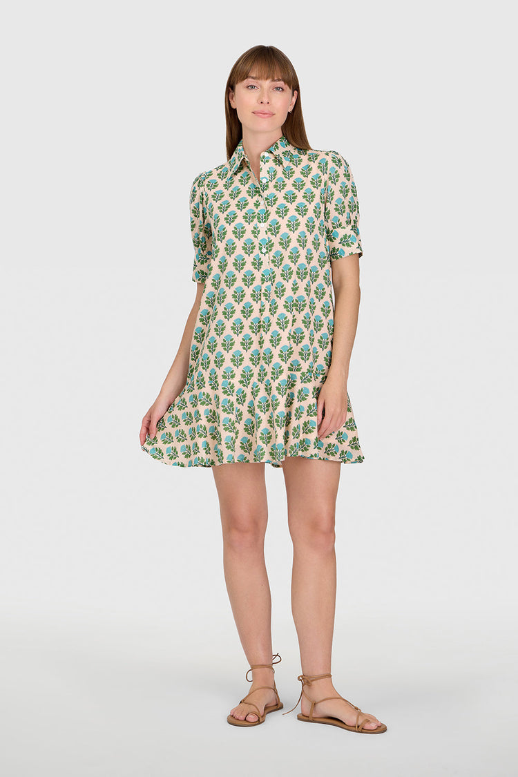 Joan Liv mini dress in black with puff sleeves, collared neck, and a fitted silhouette.