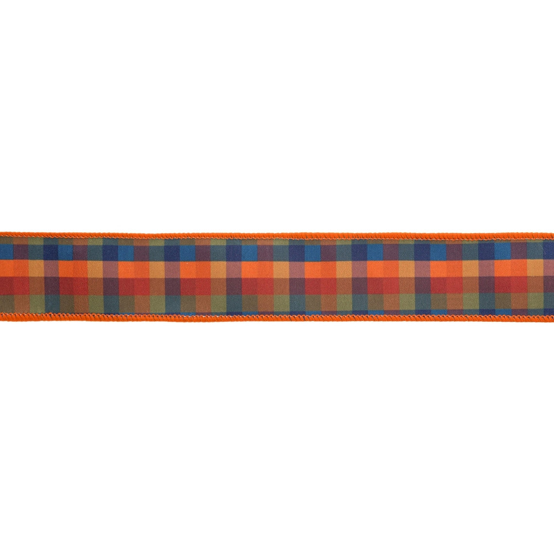 1 1/2 inch wired dupioni fall plaid ribbon in blue and orange with a blue backing.