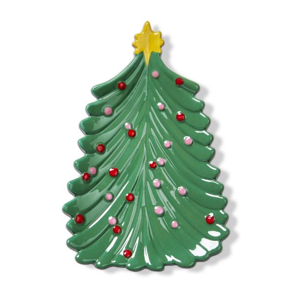 Earthenware Christmas tree-shaped plate with a natural brown glaze.