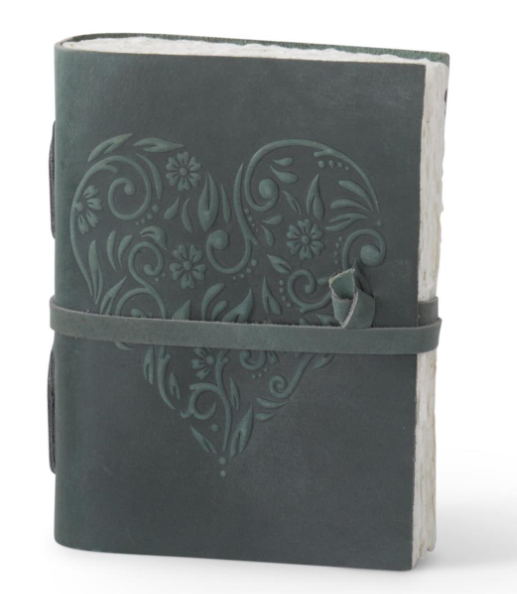 8 inch dark green leather journal with an embossed floral heart design and a wrap-around strap.