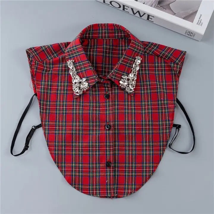 Red plaid detachable shirt collar with diamond-studded embellishments on the collar tips.