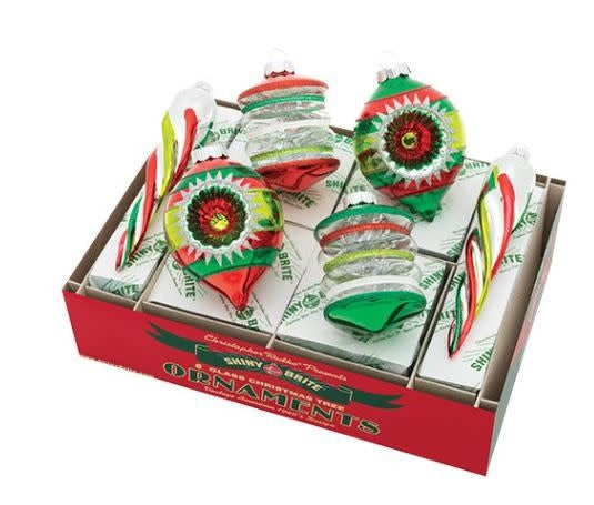 Six Christopher Radko Holiday Splendor ornaments in mixed shapes with festive colors.