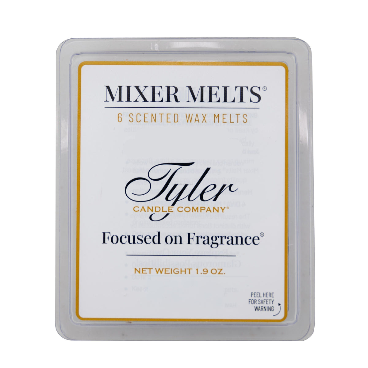 Tyler Candle Company Mixer Melts package containing 6 scented wax melts, 1.9 oz net weight.