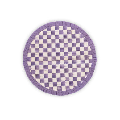 Violet check cotton round placemat with a handmade woven texture.