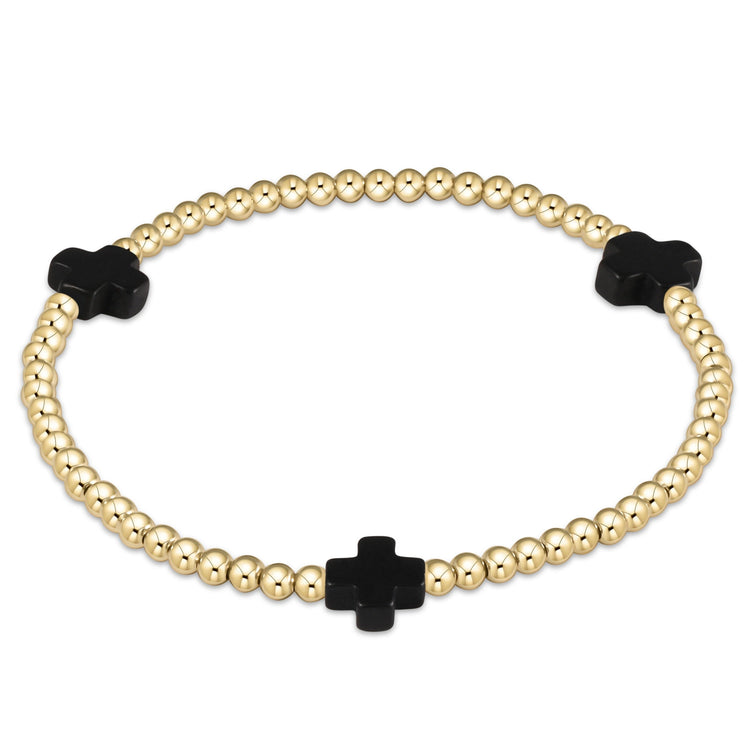 Gold-filled Signature Cross Pattern bracelet with 3mm beads on elastic cord