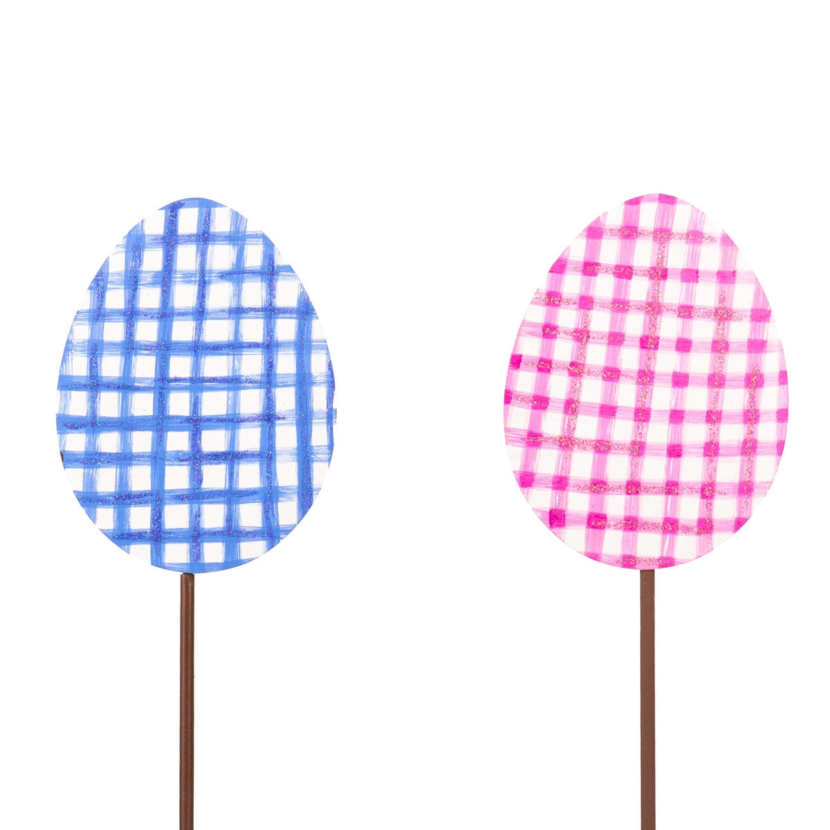 Gingham Eggs stake featuring a white base with black gingham pattern.