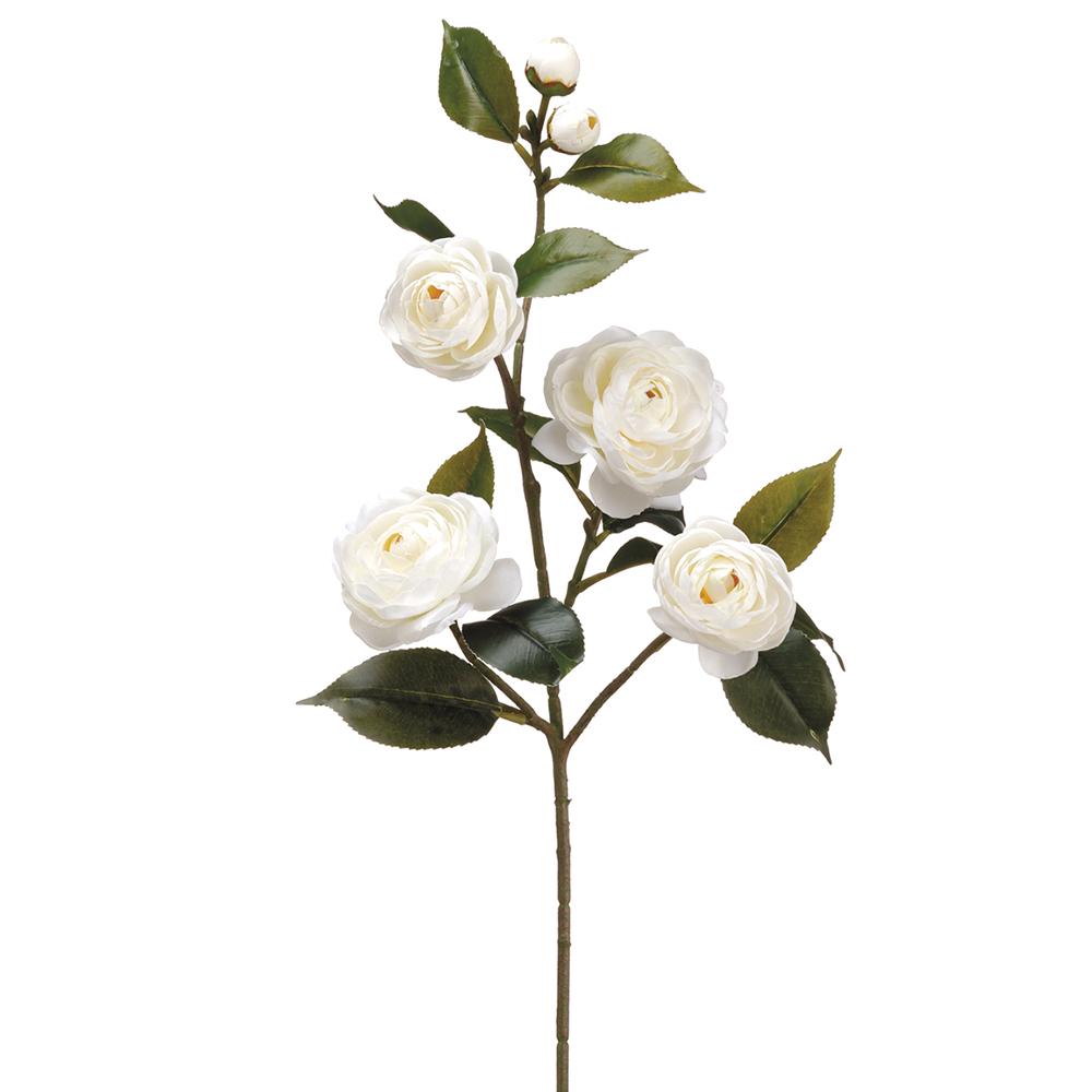 White camellia spray artificial flower arrangement with wire stem structure.