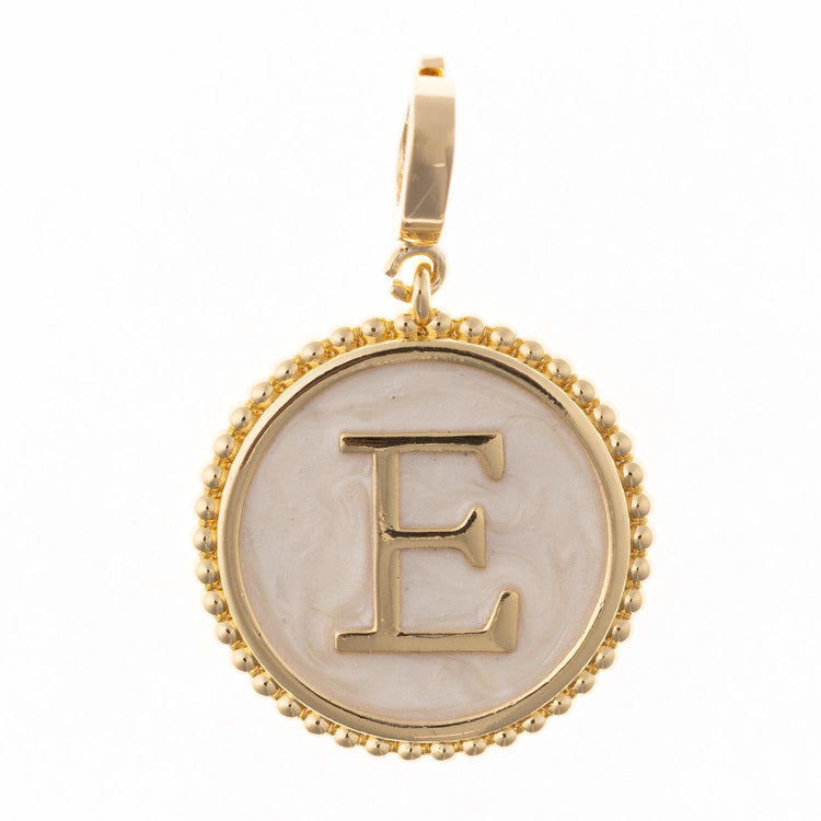 Gold-plated Madison initial charm with a letter E on a faux mother of pearl inlay.