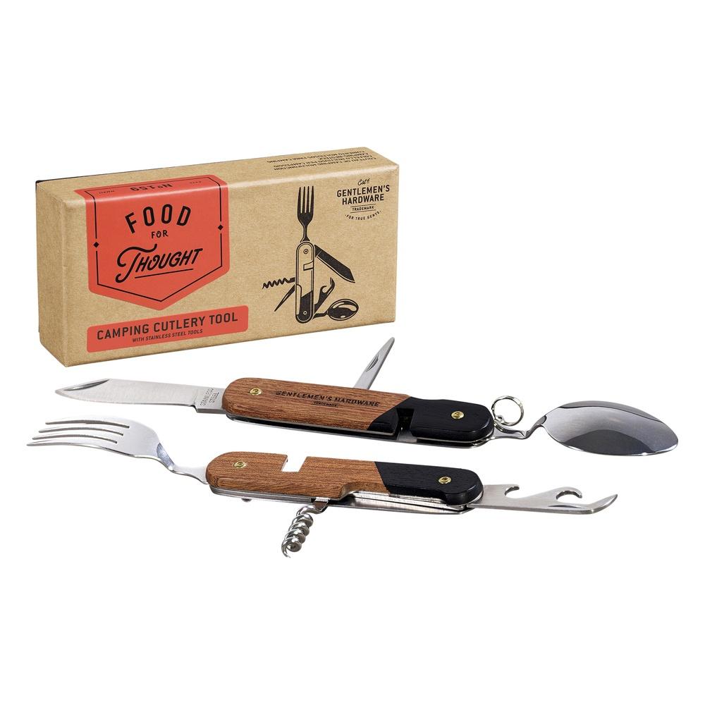 Camping Cutlery Utensil Multi Tool with detachable fork, spoon, and knife in a gift box.