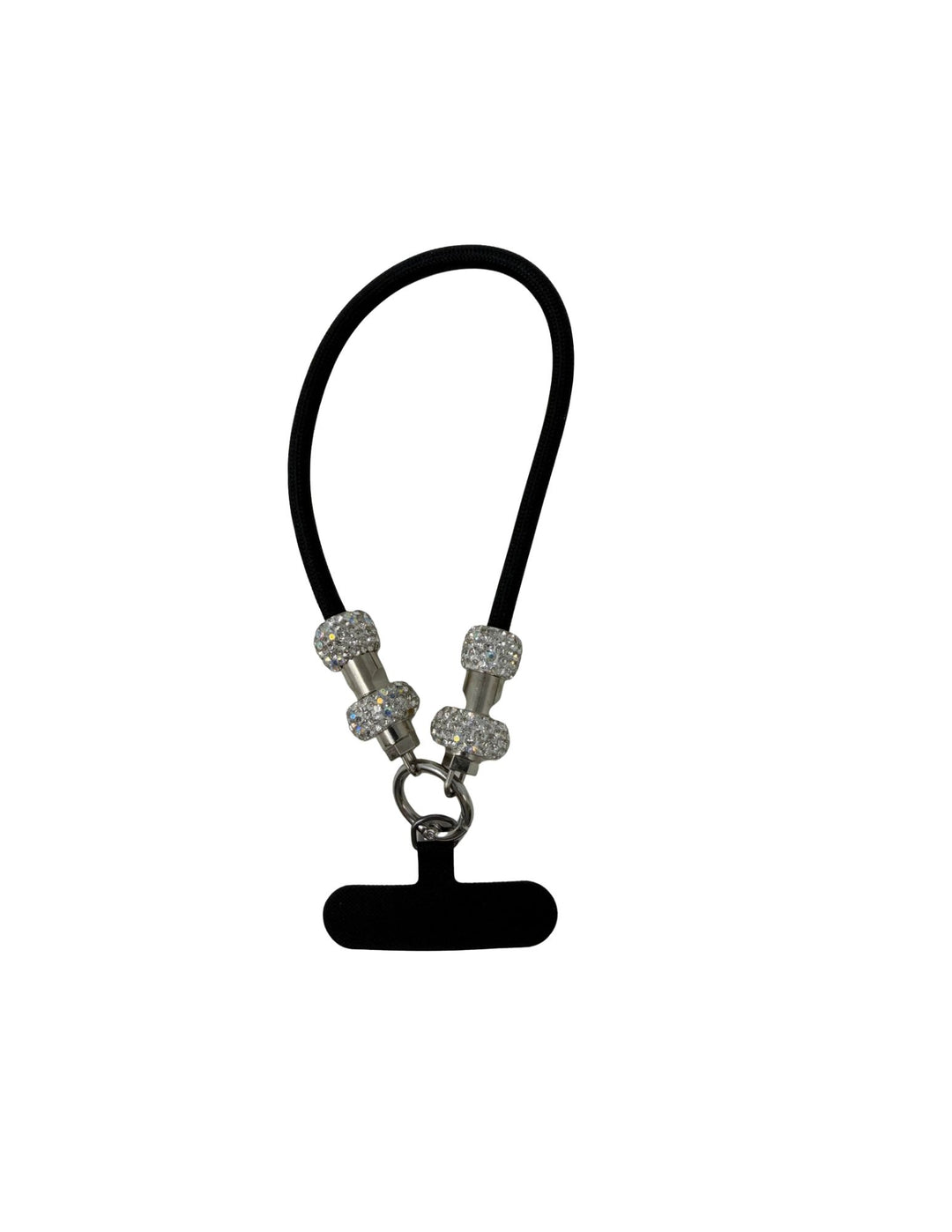 Black cord cell phone wrist strap with silver rhinestone-encrusted beads and a black connector tab.