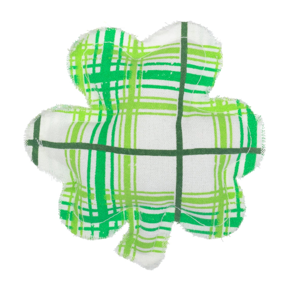Green plaid shamrock-shaped mini pillow with stuffed fabric construction.