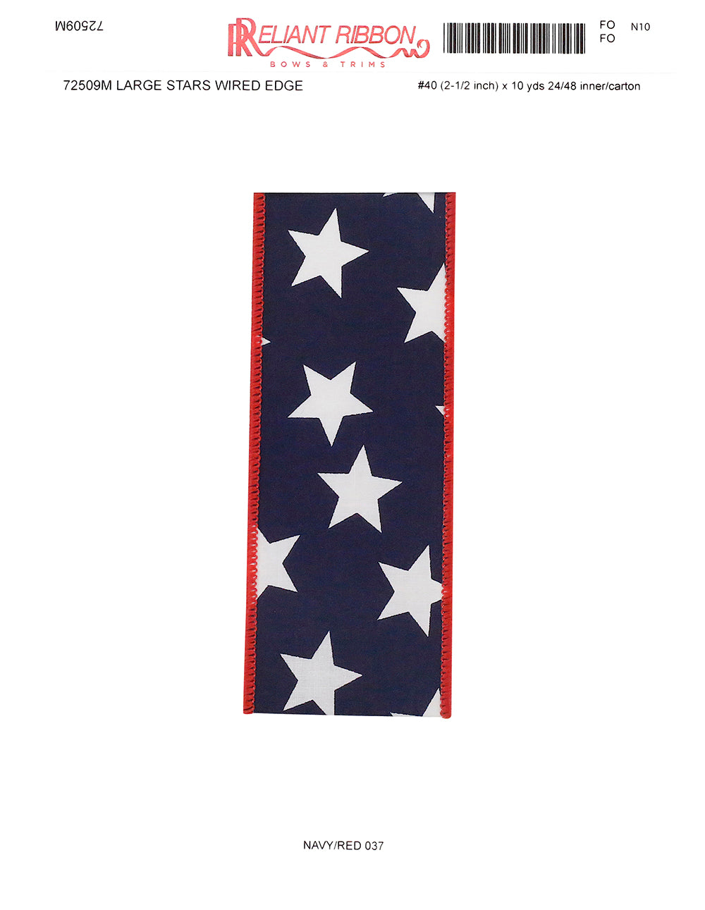 Large navy polyester stars with red wired edges on a fabric roll