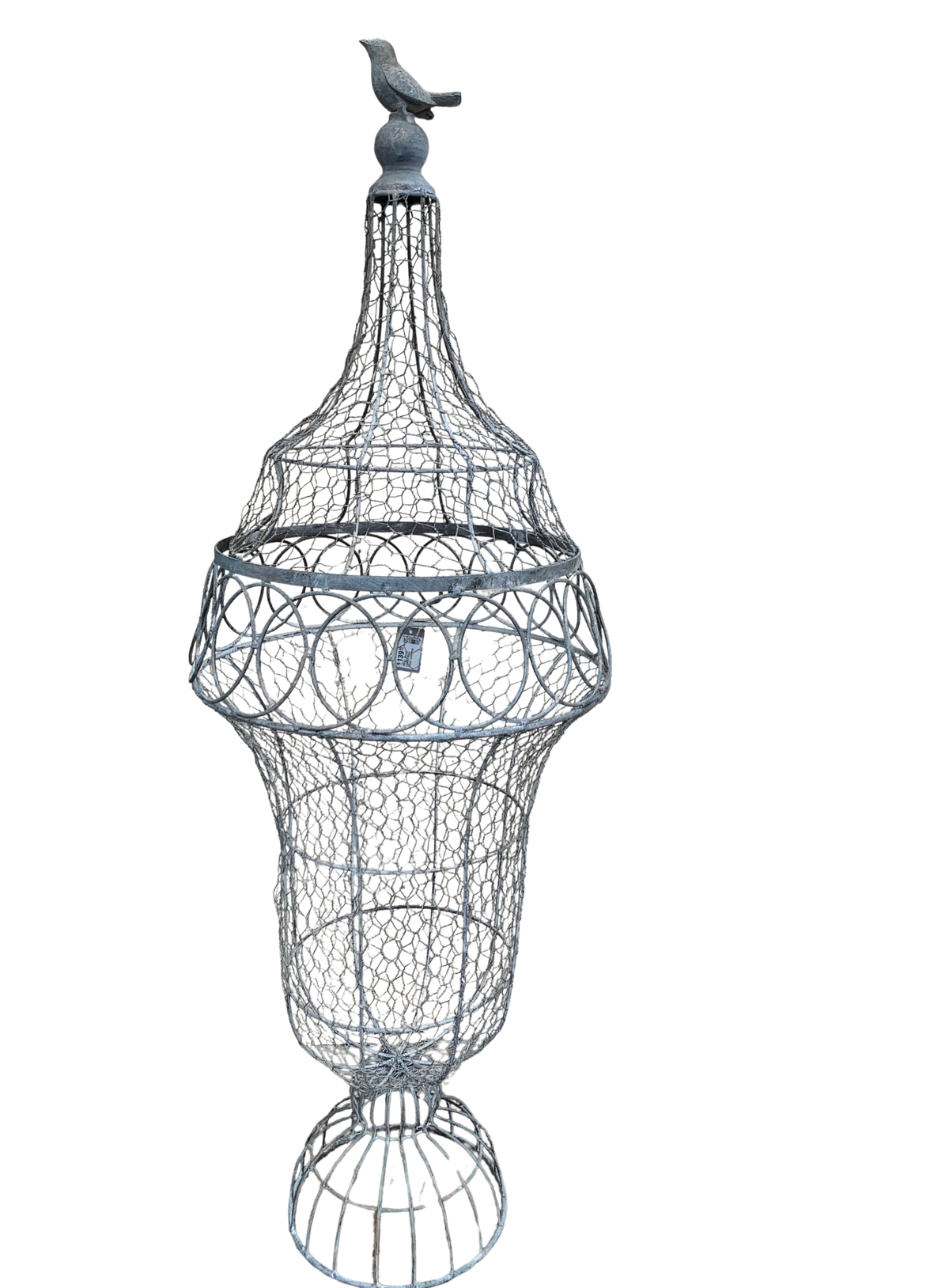 36.5-inch tall metal wire finial with a lidded top and bird figurine on a white background.
