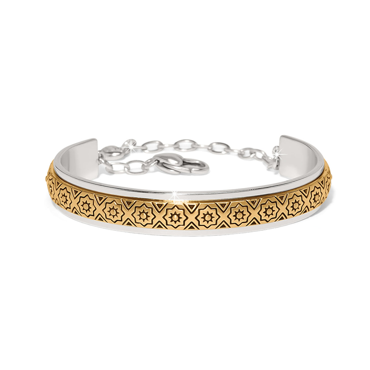 Two-tone silver and gold Mosaic Cerrillos slim cuff bracelet with geometric star patterns.