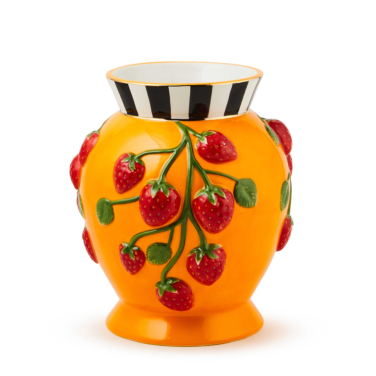 Tutti Frutti Strawberry Vase, an orange ceramic vase with 3D strawberry vines and striped rim.