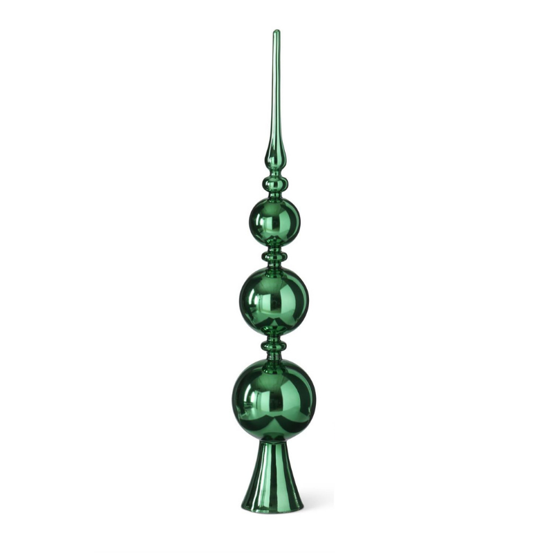 Tall green glass finial tree topper with three stacked spheres and a pointed spire.