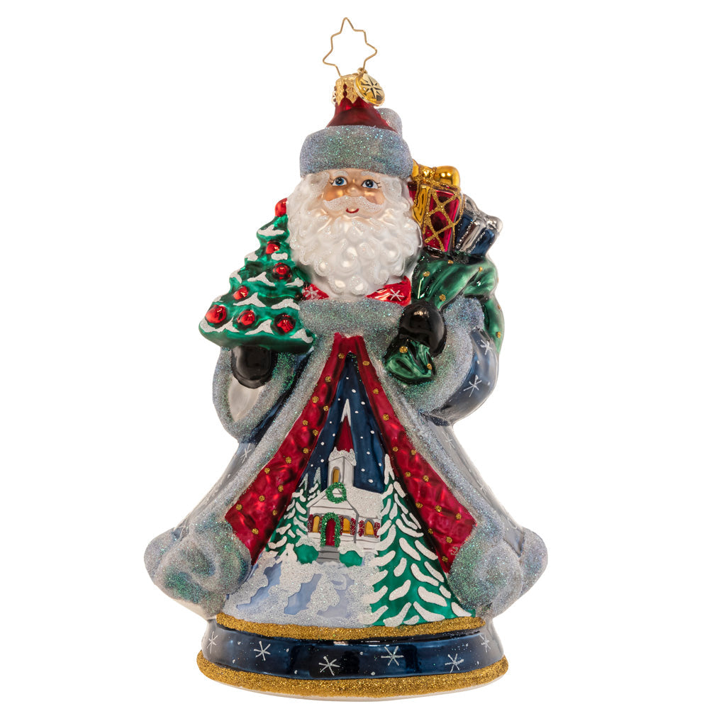 Santa's Snowy Scene ornament: a 7-inch resin decoration featuring Santa in a snowy winter landscape with snowflakes.