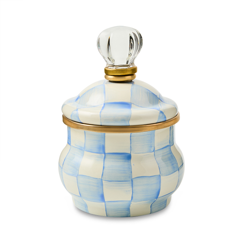 Hand-glazed steel sugar bowl with Sky Blue Checks pattern, bronzed stainless rim, brass and glass accents.